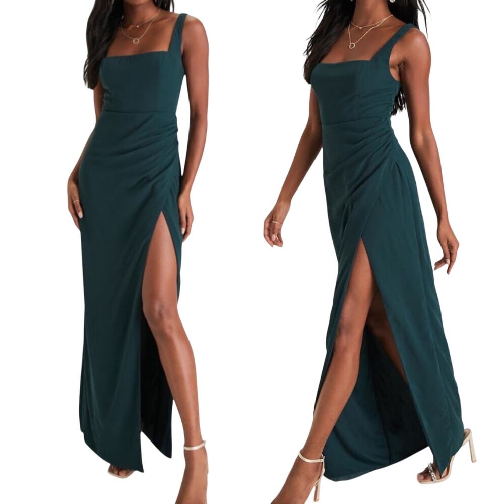 Lulus Glamorous Disposition Maxi Dress Ruched Slit Gown Emerald Green NEW Medium